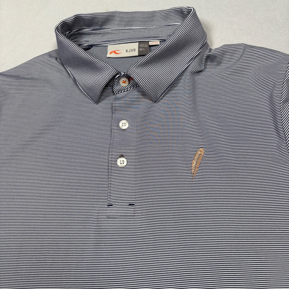 KJUS Soren‎ Polo Mens 52 L Blue White Striped UPF 50+ Short Sleeve MG60-908